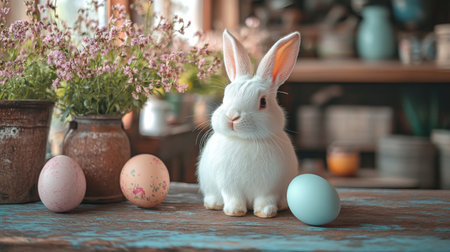 A model poses with a white rabbit and a speckled decorative egg on a soft blue surface, capturing the essence of a spring celebration.の素材