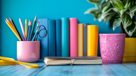 A cozy workspace features a stack of books next to a blue decorative pot filled with pencils and greenery, creating an inviting study atmosphere.の素材