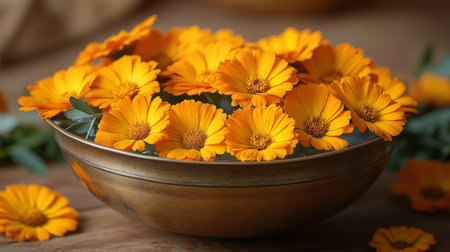 Bright orange marigold flowers float gently in a rustic bowl filled with water, creating a striking contrast against the teal background. The arrangement exudes a calming, serene vibe.の素材