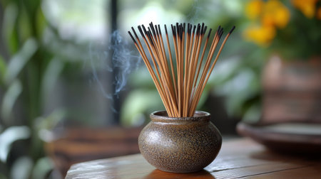 Bamboo incense sticks stand upright in a ceramic pot, with thin tendrils of fragrant smoke curling into the air in a serene indoor space filled with green plants.の素材