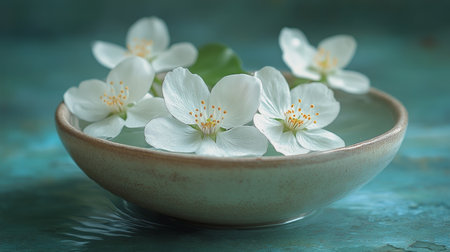 Delicate white flowers bloom in a shallow bowl, nestled among green leaves. The rustic wooden background enhances the natural beauty of this serene arrangement.の素材