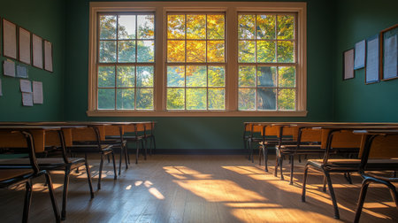 Sunlight streams through large windows in a classroom adorned with potted plants. Desks are neatly arranged, creating a warm and welcoming learning environment.の素材