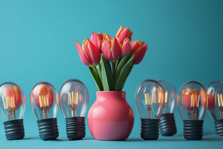A bouquet of pink and white tulips sits in a pale pink vase on a gentle bedspread. Sunlight filters through a nearby window, creating a warm atmosphere in the room.の素材