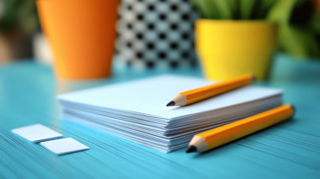 A desk features a stack of blank paper accompanied by yellow and black patterned pots, pencils, and small labels. The cheerful colors create a vibrant workspace atmosphere.の素材