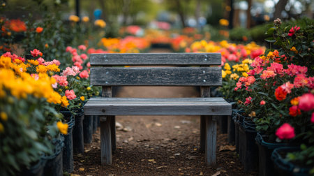 A wooden bench sits invitingly along a path lined with blooming tulips in various colors, creating a serene atmosphere in a spring garden during early morning.の素材