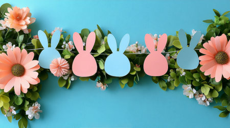 Bright pastel eggs in soft colors are arranged neatly along a shelf, accompanied by a garland of matching decorations. A small plant and flowers add a touch of freshness.の素材