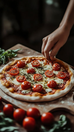 Dough is prepared for pizza while fresh tomatoes and herbs are arranged on top. The warm kitchen exudes a cozy atmosphere during meal preparation.の素材