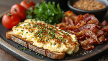 Fluffy scrambled eggs topped with crispy bacon bits and garnished with herbs, accompanied by slices of toasted bread on a dark dish, ideal for a hearty breakfast.の素材