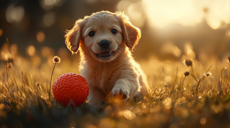 A golden retriever puppy runs happily through a grassy field in a park, chasing a bright red ball under a clear blue sky with scattered clouds on a sunny autumn day.の素材