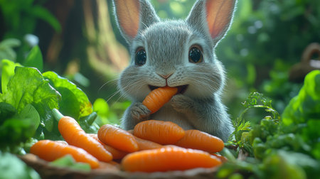 A charming rabbit happily munches on a carrot surrounded by an abundance of fresh greenery and vibrant foliage in a sunlit forest.の素材