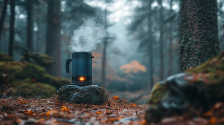 A yellow coffee maker sits on a camping stove in a serene forest setting. Steam rises as the sun filters through the trees, creating a tranquil atmosphere in nature.の素材