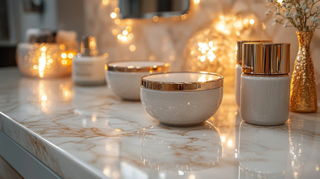 A serene bathroom features elegant skincare bottles, fluffy towels, and a soothing candle. Fresh flowers add a touch of nature beside a marble sink, enhancing relaxation.の素材