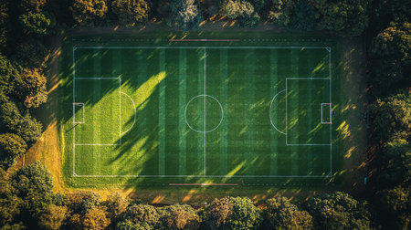 A lush soccer field sits in the midst of vibrant autumn foliage, bathed in warm sunset light. The surrounding trees display their rich fall colors, creating a serene atmosphere.の素材