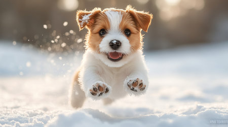 A golden retriever puppy leaps through freshly fallen snow, its fur glistening as snowflakes dance around it during a beautiful winter evening.の素材