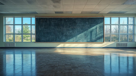 Spacious classroom features large blank screen and wooden benches around the perimeter, illuminated by natural light from windows.の素材