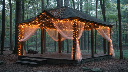 An outdoor gazebo is beautifully decorated with string lights, creating a warm atmosphere in a peaceful garden. Colorful autumn leaves surround the structure, enhancing its charm.の素材