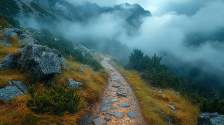 A winding trail of rocks and dirt leads through a vibrant green forest, surrounded by tall evergreens and soft mist. The atmosphere feels serene and untouched by time.の素材