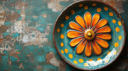 A vibrant ceramic bowl featuring intricate floral patterns sits on a rustic wooden table. The bowl displays rich colors and artistic craftsmanship, highlighting its unique design.の素材