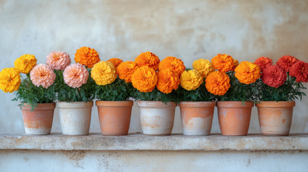 Bright marigold flowers in various shades of orange, yellow, and pink are arranged in clay pots on a rustic wooden shelf against a muted wall during daylight.の素材