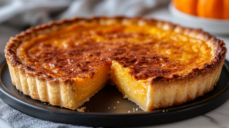 A freshly baked pumpkin pie sits on a wooden board, surrounded by autumn decorations like pumpkins and leaves, creating a warm, inviting atmosphere for seasonal festivities.の素材