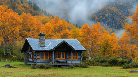 A log cabin stands amidst brilliant orange and yellow trees during autumn. Soft light emanates from the windows, creating a warm and inviting atmosphere.の素材