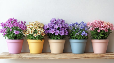 Five pastel-colored flower pots filled with vibrant blooming plants sit on a wooden shelf against a light blue wall, creating a cheerful atmosphere.の素材
