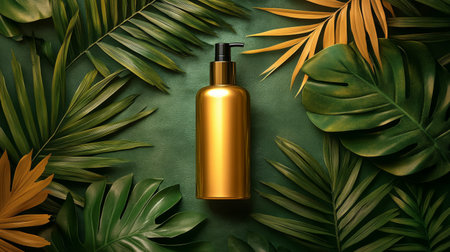 A sleek golden lotion bottle sits prominently on a dark green surface, surrounded by vibrant tropical leaves, creating a refreshing and natural ambiance.の素材