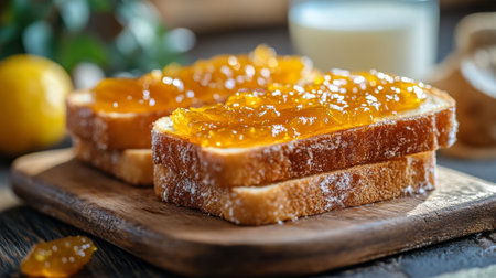 Thick slices of golden toast are stacked on a rustic plate, generously topped with vibrant fruit preserves, showing a delightful breakfast treat.の素材