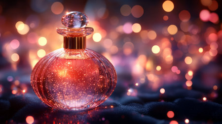 The ornate glass bottle contains a rich amber perfume, highlighted against a blurred bluish background. Soft reflections enhance its luxurious appearance in low light.の素材