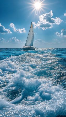 A sailboat peacefully navigates through clear blue waters, leaving a trail of foam. Bright sun shines overhead, enhancing the serene atmosphere on a beautiful day.の素材