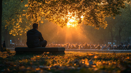 A lone individual sits on a bench, basking in the warm glow of a sunset as golden light filters through the trees. A crowd gathers in the background, enjoying an evening in the park.の素材