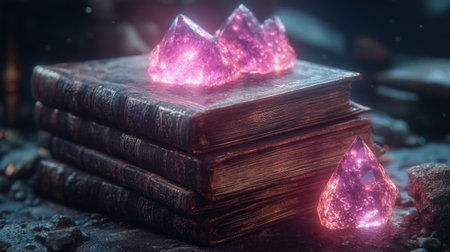 A cluster of enchanting crystals glows softly beside a stack of weathered old books in a tranquil forest. The scene evokes a sense of wonder and exploration.の素材