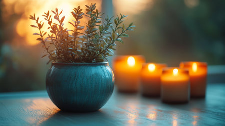 A charming small plant sits in a teal pot, illuminated by soft candlelight. The warm hues of sunset create a tranquil atmosphere perfect for relaxation and contemplation.の素材