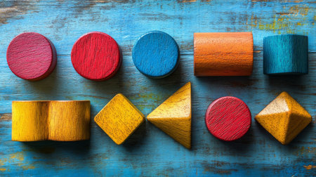 Brightly colored wooden geometric shapes are uniquely arranged on a dark wooden surface, showing a blend of shapes and colors ideal for creative projects and educational activities.の素材