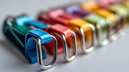 A series of vibrant paperclips in various colors hang from a silver wire, showing their smooth, shiny surfaces under soft lighting, perfect for organizing documents.の素材