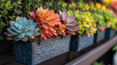 Various succulents in vibrant colors are arranged in decorative hanging planters against a backdrop of lush greenery, creating a striking garden display.の素材