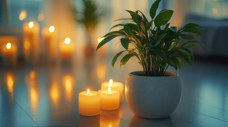 A charming small plant sits in a teal pot, illuminated by soft candlelight. The warm hues of sunset create a tranquil atmosphere perfect for relaxation and contemplation.の素材