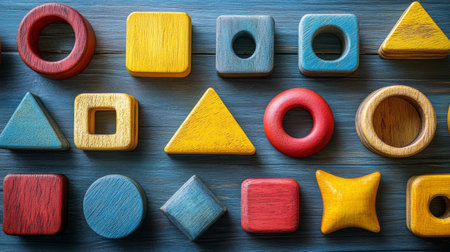 Brightly colored wooden geometric shapes are uniquely arranged on a dark wooden surface, showing a blend of shapes and colors ideal for creative projects and educational activities.の素材