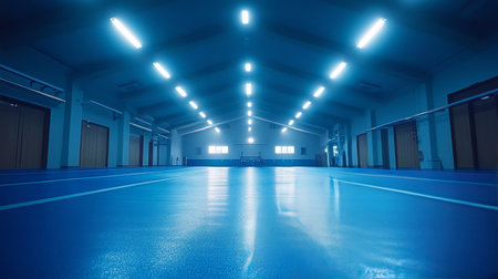 A well-lit indoor sports facility showcases a smooth blue floor, spacious layout, and bright fluorescent lights reflecting off the surface, ideal for various athletic activities.の素材