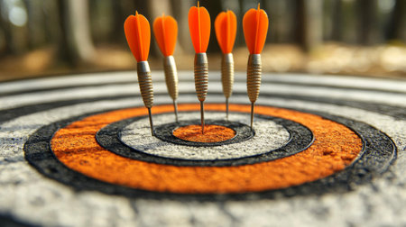 Close up shot of three colorful darts stuck in a classic dartboard, showing the intricate textures of the board and vibrant dart flights in vivid colors.の素材