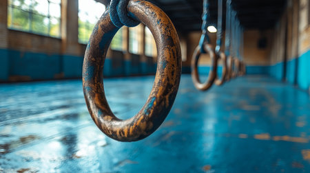 Hanging blue gym rings are the focus in a brightly lit training facility. The floor reflects light, creating an inviting atmosphere for evening workouts and practice sessions.の素材