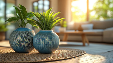 A stylish living room features a comfortable gray sofa paired with decorative pillows. Large clay pots filled with greenery create a vibrant atmosphere, showcasing modern design elements.の素材