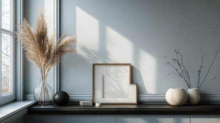 Soft sunlight casts gentle shadows in a minimalist space adorned with neutral decor. A vase of pampas grass, a rounded black object, and a simple frame enhance the tranquility.の素材