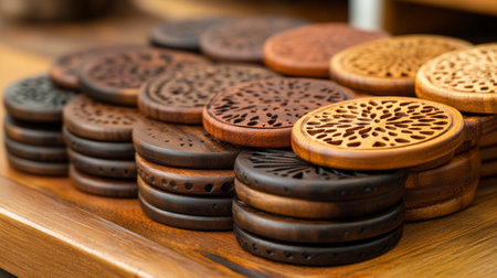 A variety of intricately designed wooden coasters is displayed on a smooth wooden surface. These coasters showcase different shades and patterns, adding charm to any setting.の素材