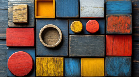 Brightly colored wooden geometric shapes are uniquely arranged on a dark wooden surface, showing a blend of shapes and colors ideal for creative projects and educational activities.の素材