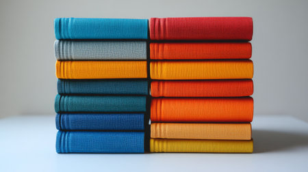 Four notebooks in different shades of blue are neatly stacked on a light background. The smooth covers display a textured finish, showcasing varying tones from light to dark.の素材