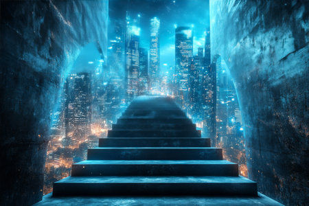 A stairway ascends through an archway, revealing a vibrant futuristic city bathed in blue light, with towering skyscrapers and glowing structures in the distance.の素材