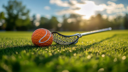 A bright yellow lacrosse ball lies next to a lacrosse stick on a grass field. The setting sun casts a warm glow, highlighting the morning dew on the blades of grass.の素材