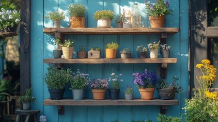 Shelves filled with various flower pots showcase a vibrant array of plants in a garden. A blue wall serves as a striking backdrop, creating a charming atmosphere.の素材