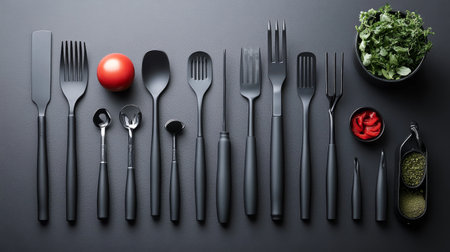 Various vintage gardening tools, including trowels and spades, are neatly arranged in a line. Each tool features a distinct handle and blade shape, showing their unique designs.の素材